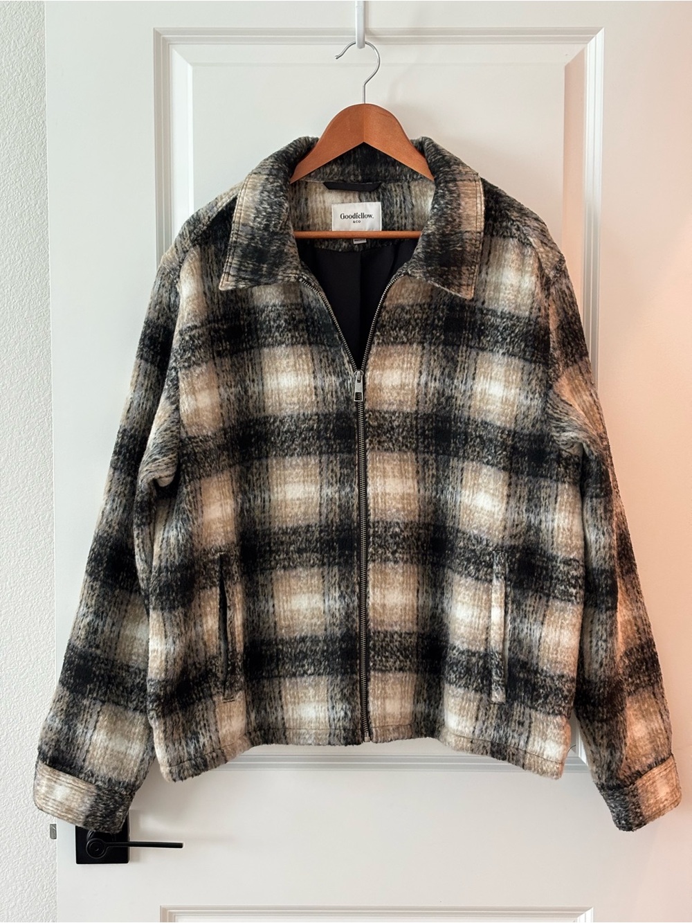 Goodfellow & Co Black and Cream Plaid Zip Bomber Jacket